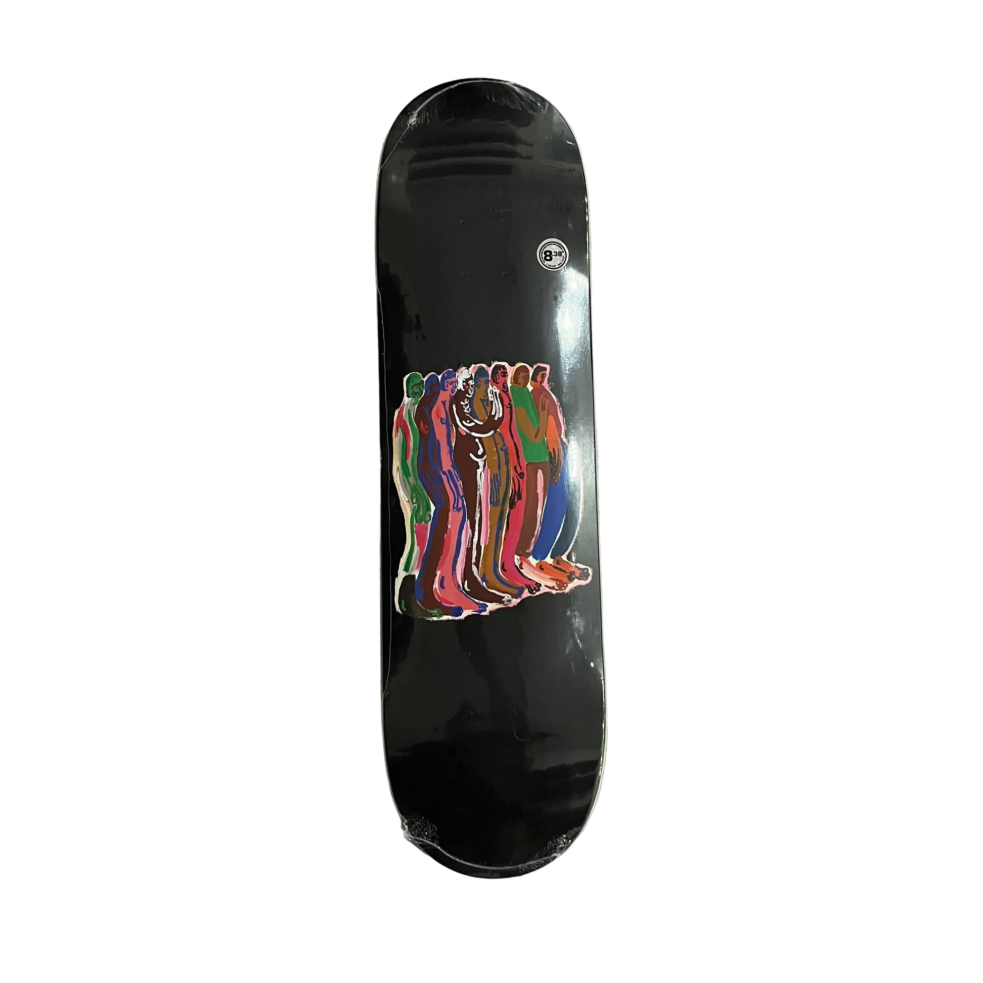 Black skateboard deck with colorful people illustration. Photographed on a white surface.