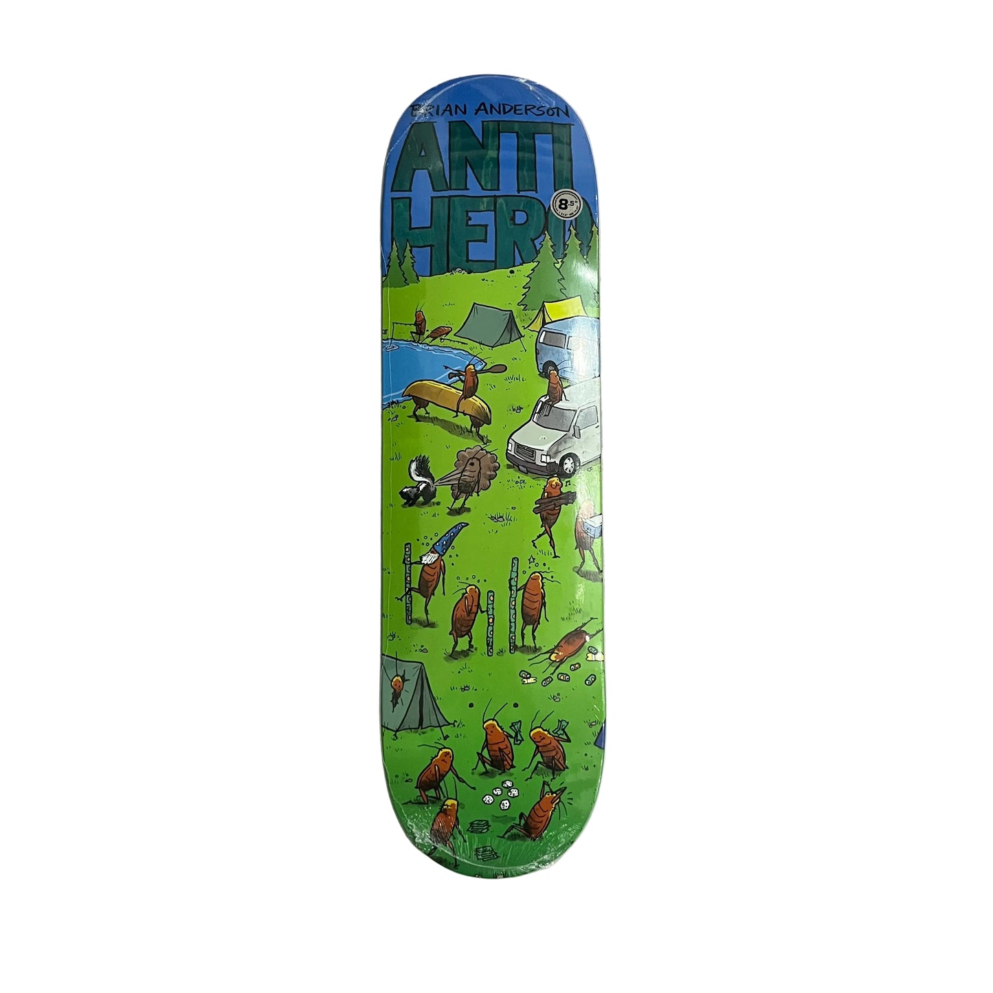 A skateboard deck with a colorful illustrated design featuring the text 'BRIAN ANDERSON ANTI HERO' at the top, photographed from above on a white surface.