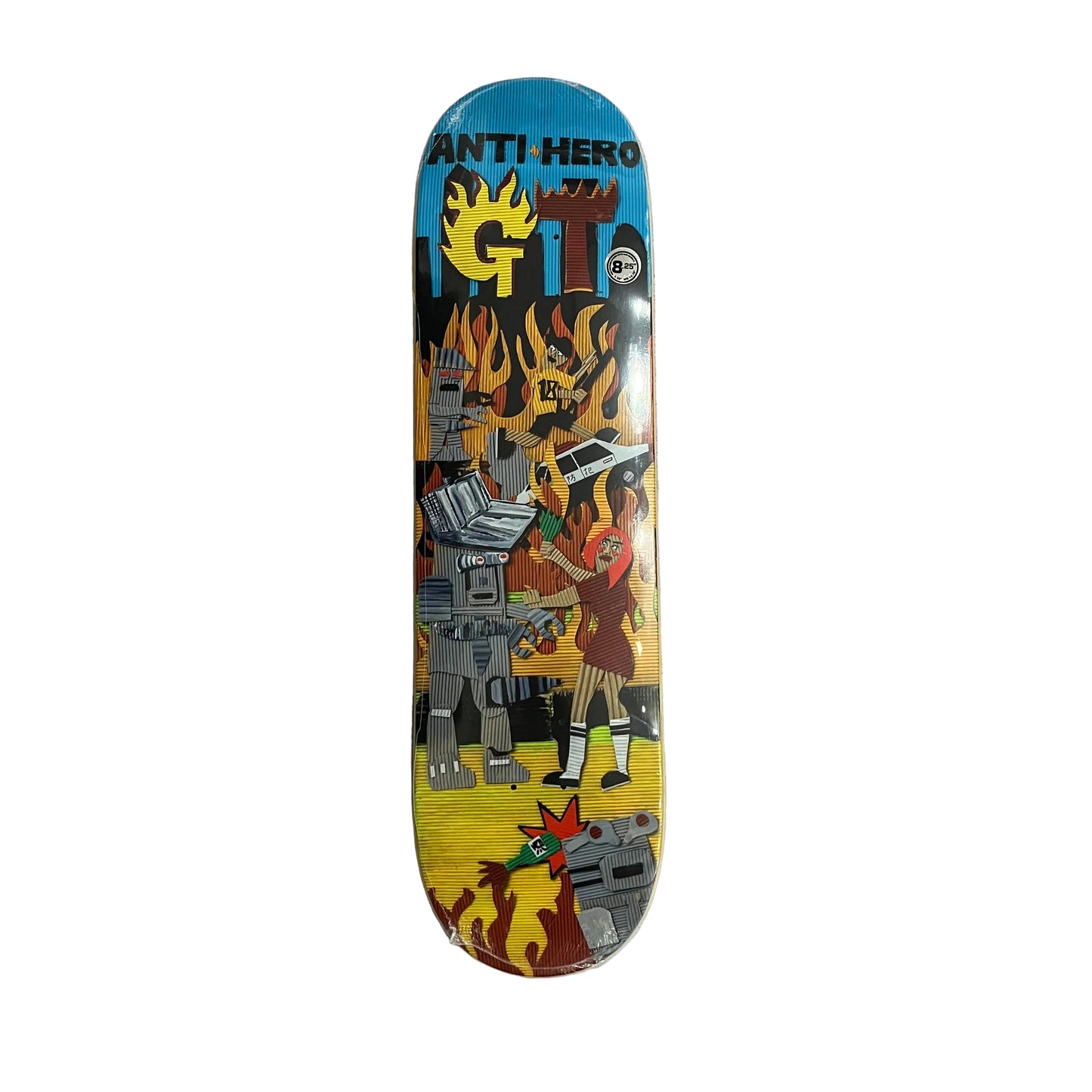A complete skateboard deck with a colorful graphic design featuring the text 'ANTI HERO' and 'GT' on a blue background, resting on a white surface.