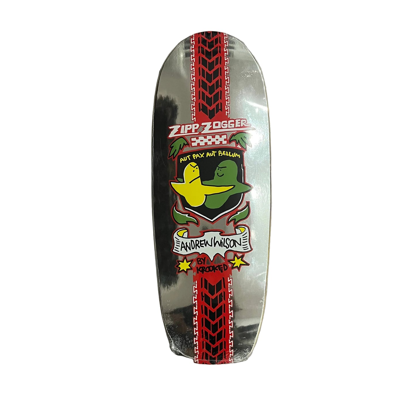 A custom skateboard deck featuring a metallic silver base with a prominent red and black chevron stripe down the center, and a colorful graphic of green and yellow characters. The text on the deck reads 'ZIPP ZOGGER', 'ANDREW WILSON', and 'by KROOKED'. Photographed on a white surface.