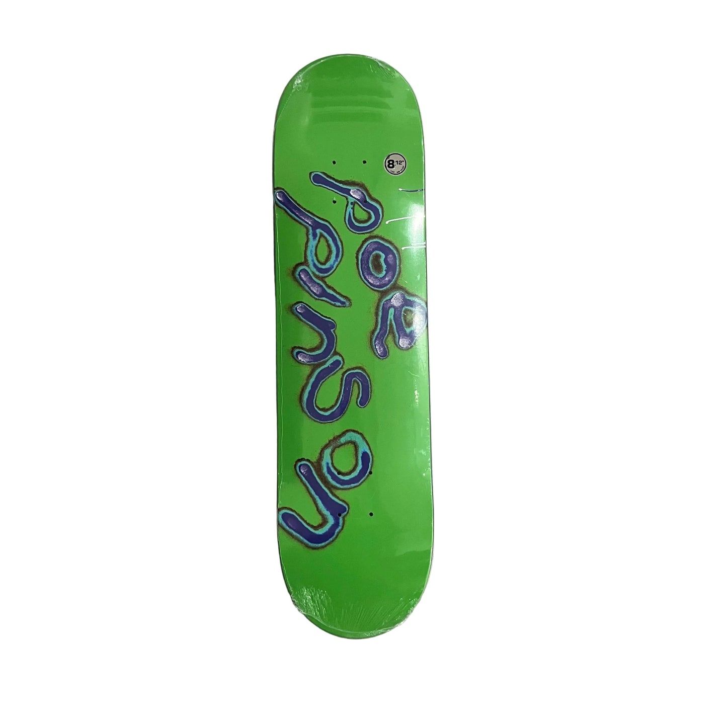 A bright green skateboard deck with 'Poe Pinson' written in a stylized blue and white font, resting on a white surface.
