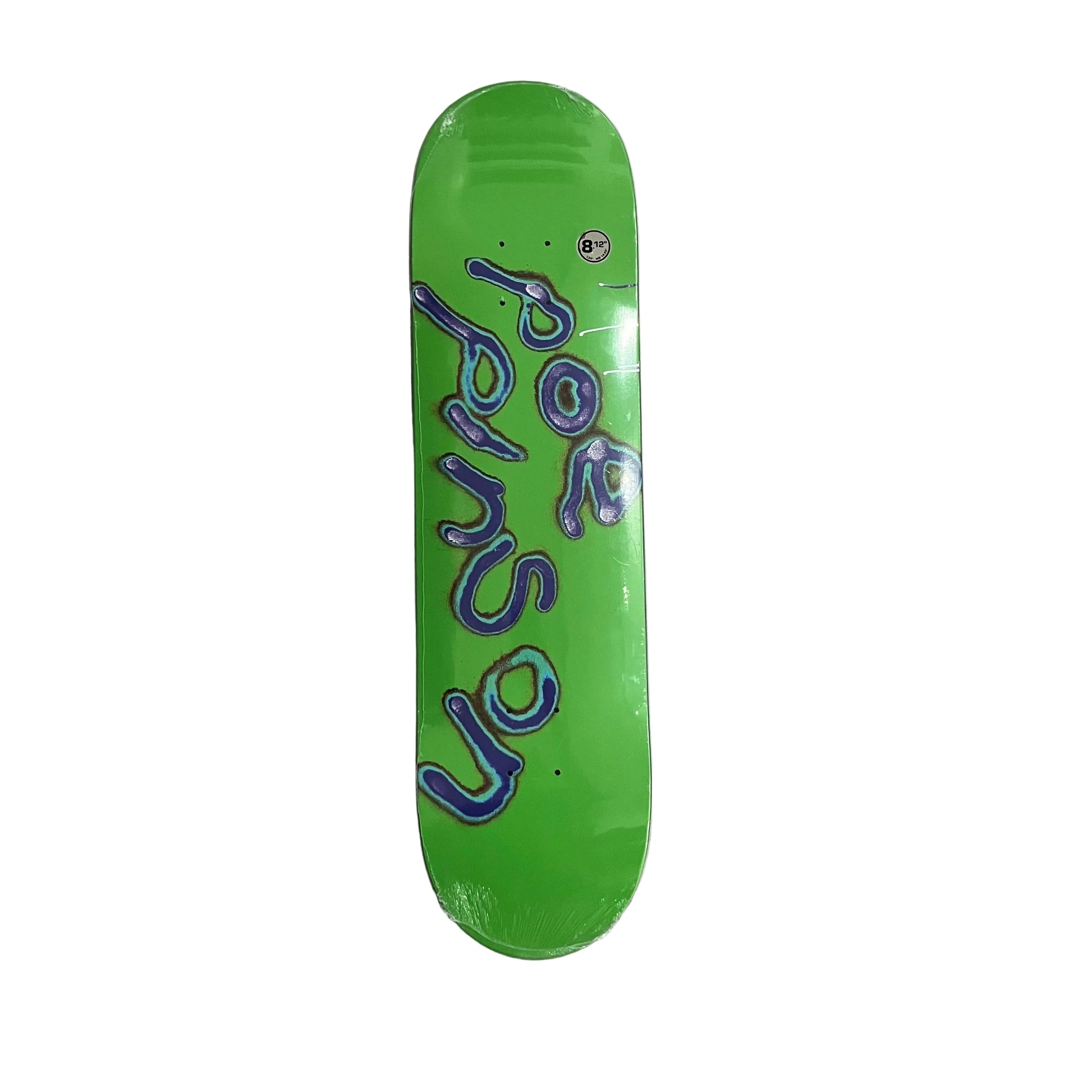 A bright green skateboard deck with 'Poe Pinson' written in a stylized blue and white font, resting on a white surface.