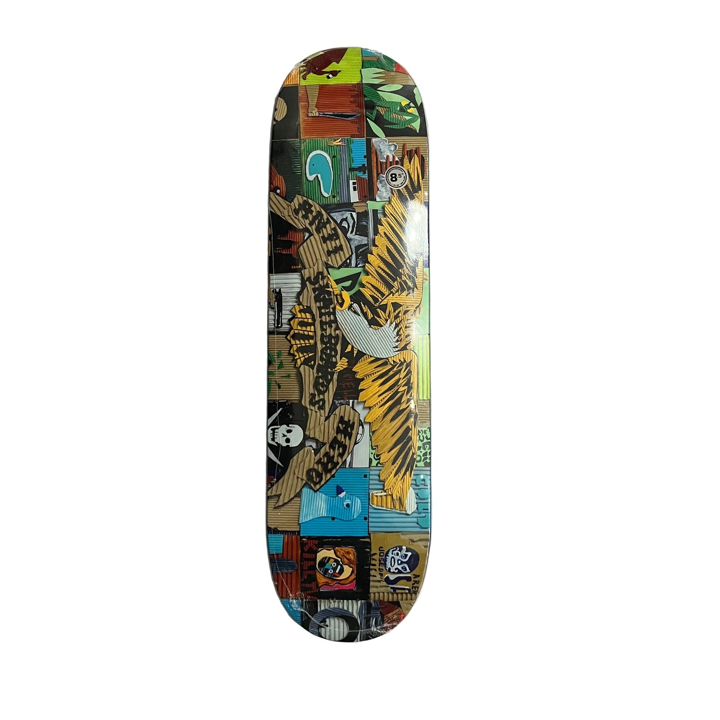 A skateboard deck with a highly detailed, colorful collage graphic featuring a large eagle, set against a white background.