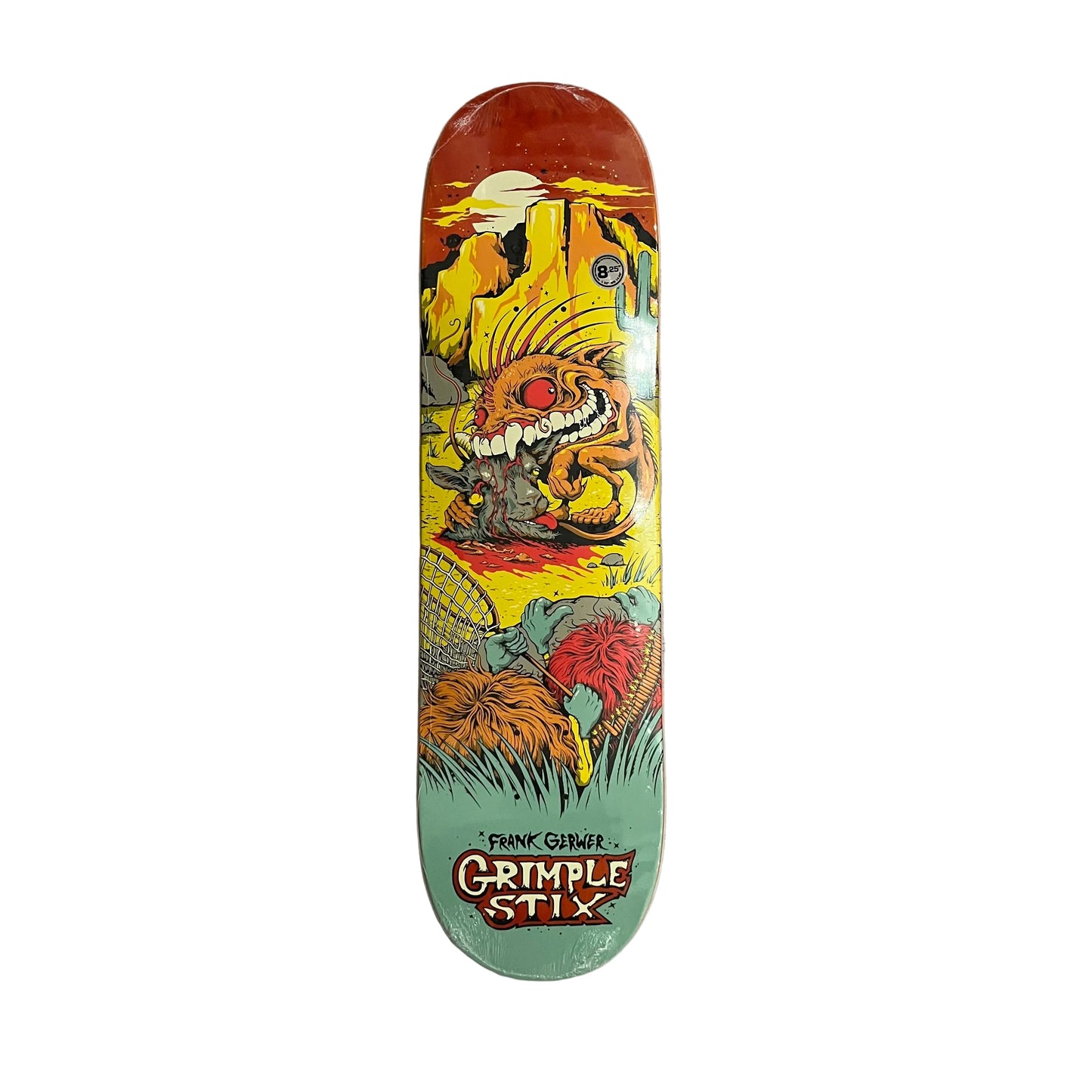 A Grimp Stix skateboard deck featuring a colorful graphic illustration of a monster under a red sky, resting on a white surface.