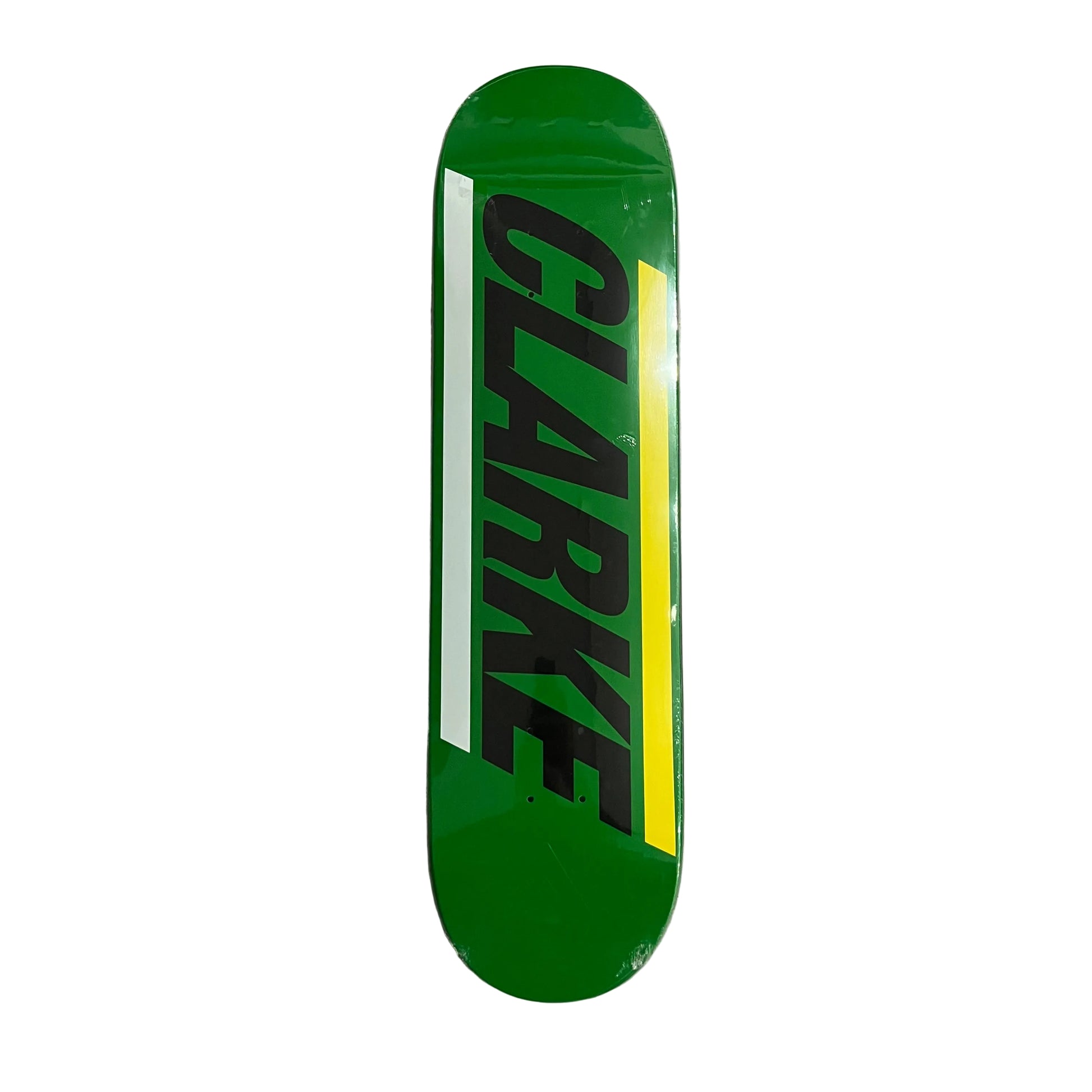 A green skateboard deck with the name 'CLARKE' printed vertically in black, accented by a yellow stripe, photographed from above on a white surface.