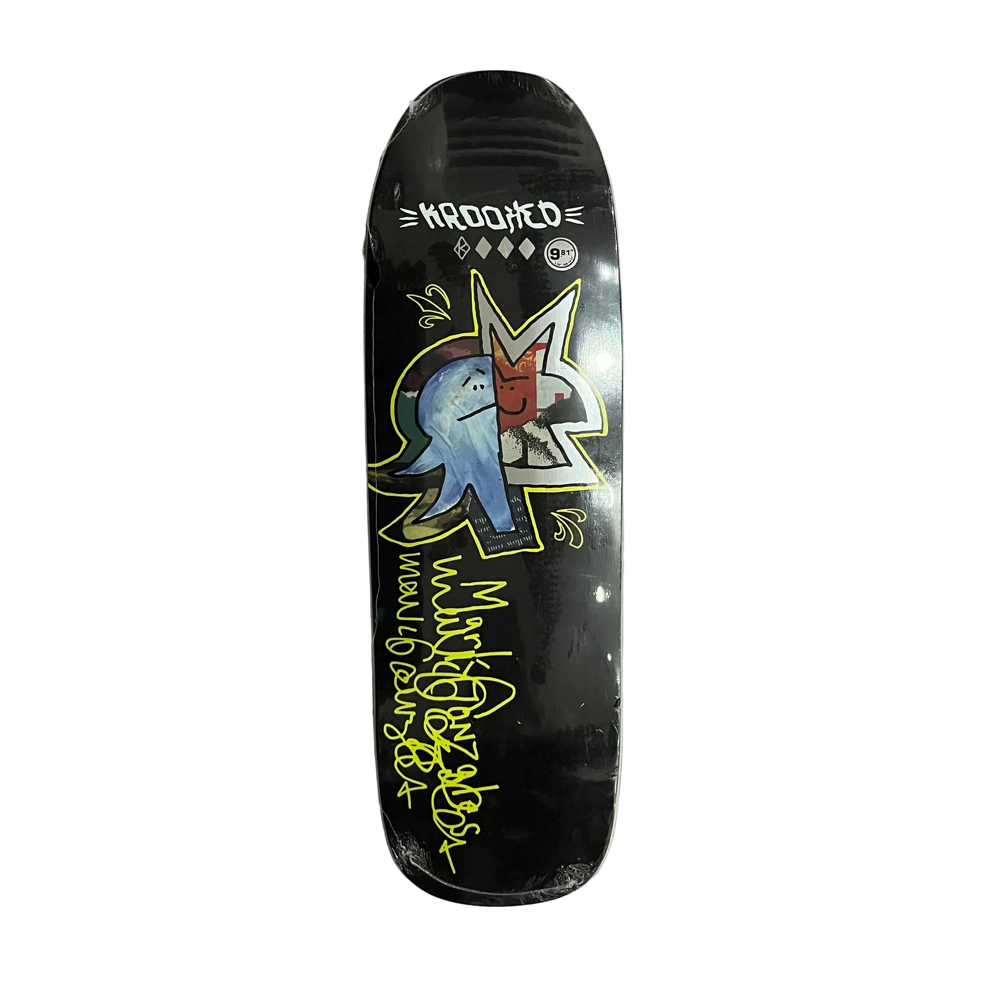 A black skateboard deck, featuring a blue cartoon graphic, a red and white starburst, and yellow graffiti-style text. The brand name 'KROOKED' is printed at the top. Photographed on a white surface.