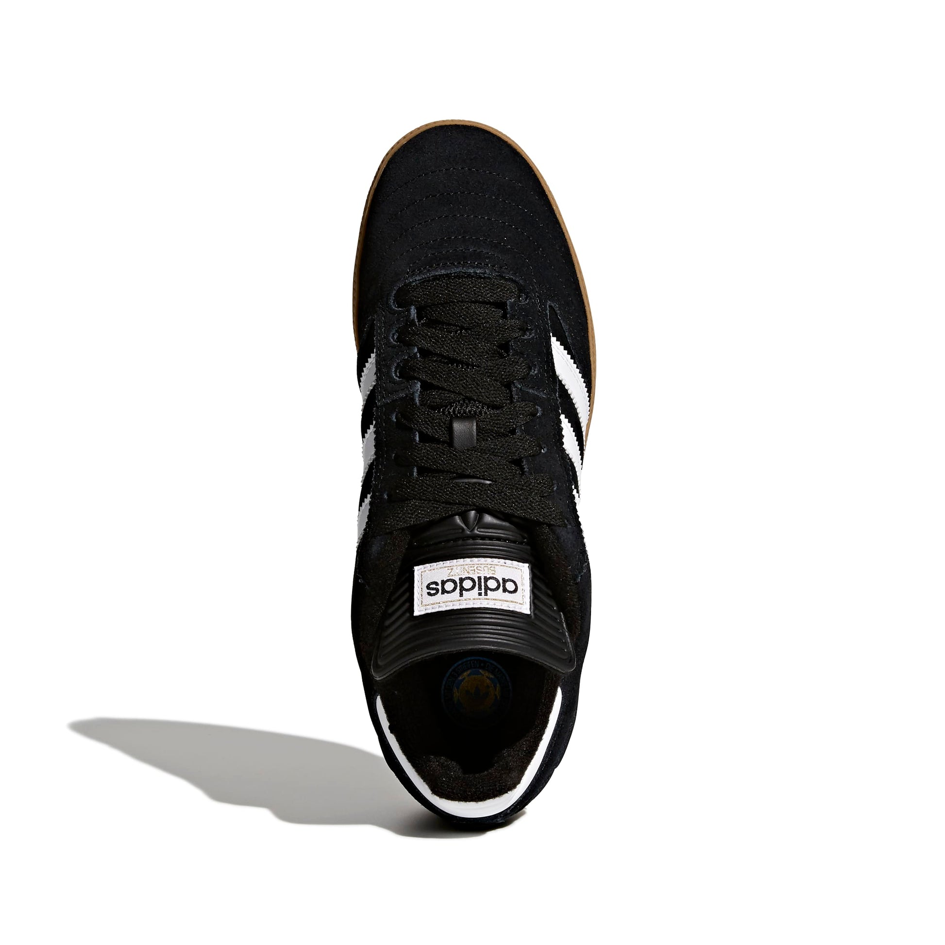 top down view of black suede soccer inspired skateboard sneaker with gum rubber outsole