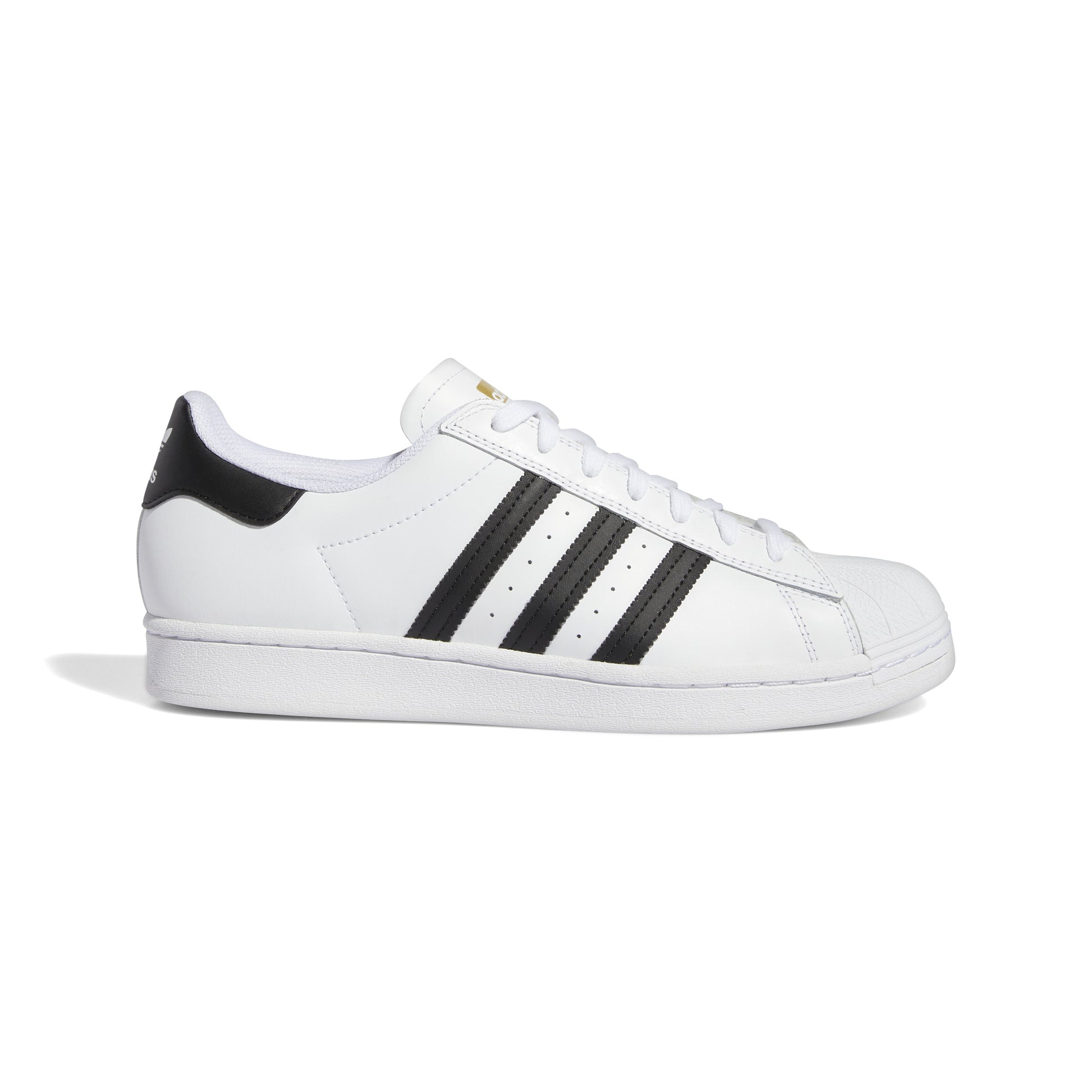 side view of white leather lowtop skatebaord sneaker with black stripes and black heel tab