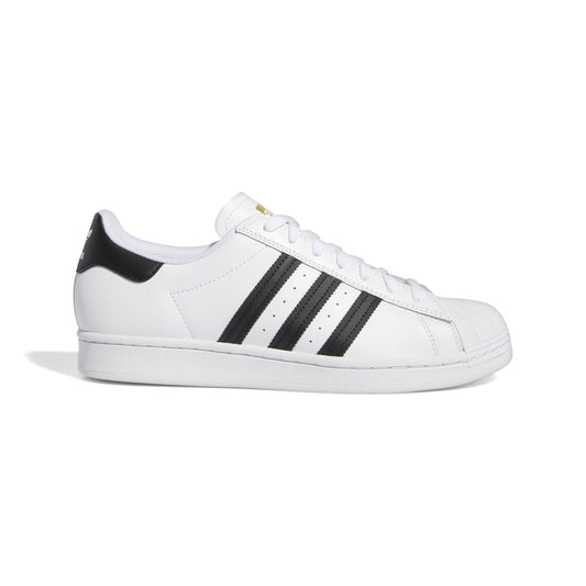 side view of white leather lowtop skatebaord sneaker with black stripes and black heel tab