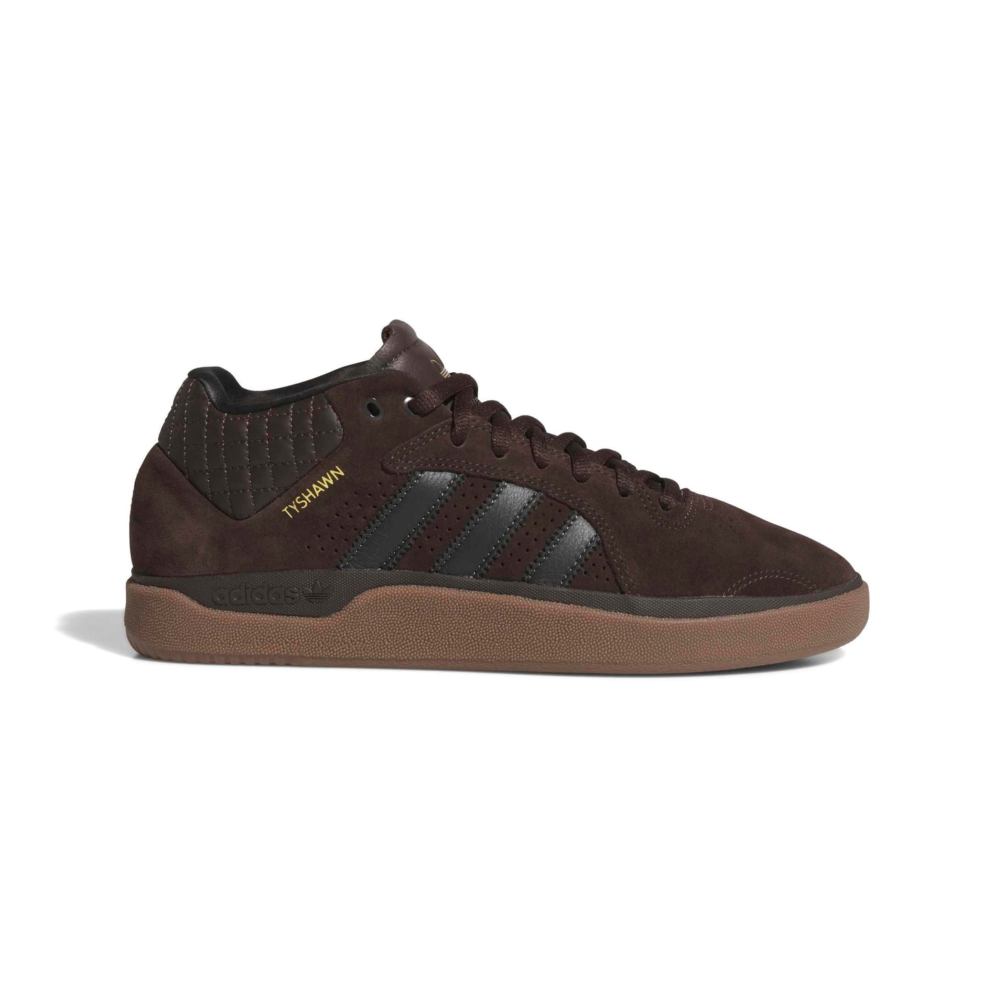 Brown Adidas sneaker with three stripes on a white background