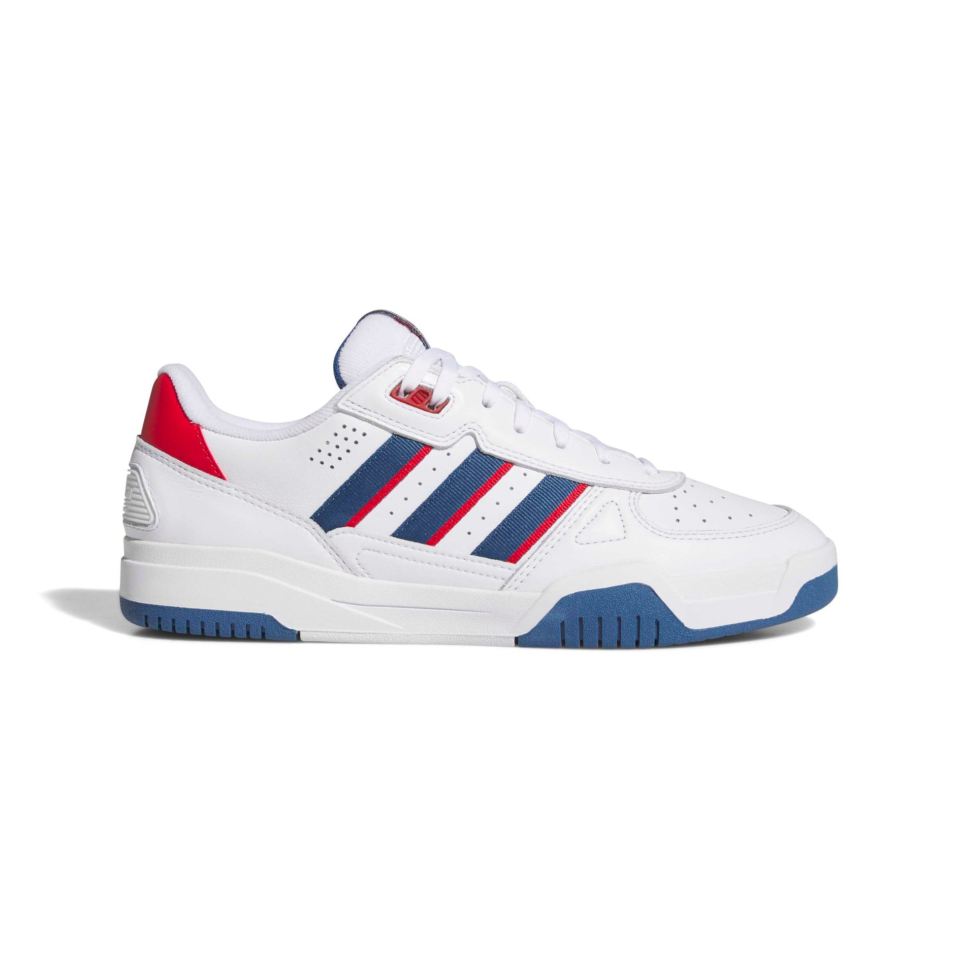 White Adidas sneaker with red and blue accents on a white background