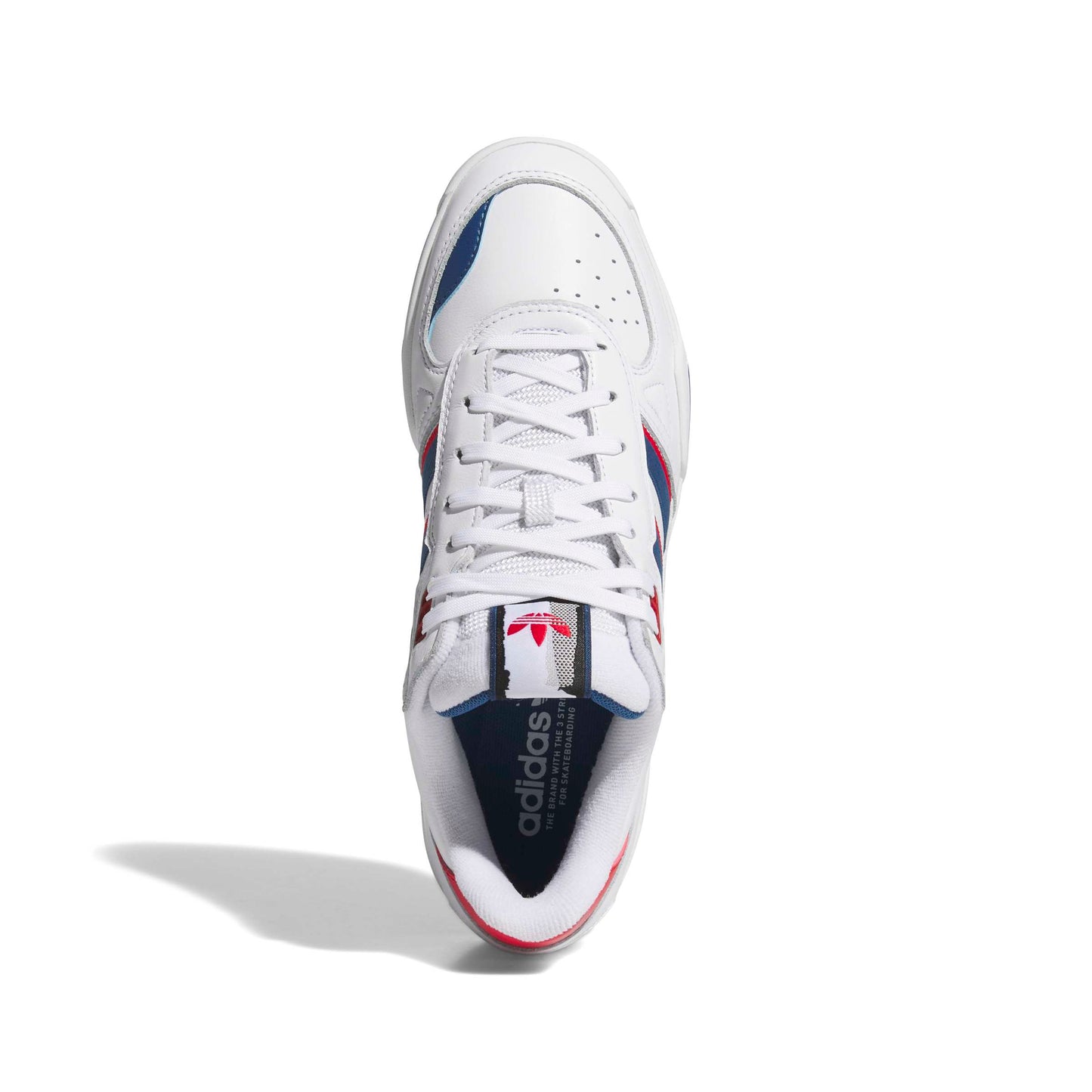 White Adidas sneaker with blue and red accents on a white background