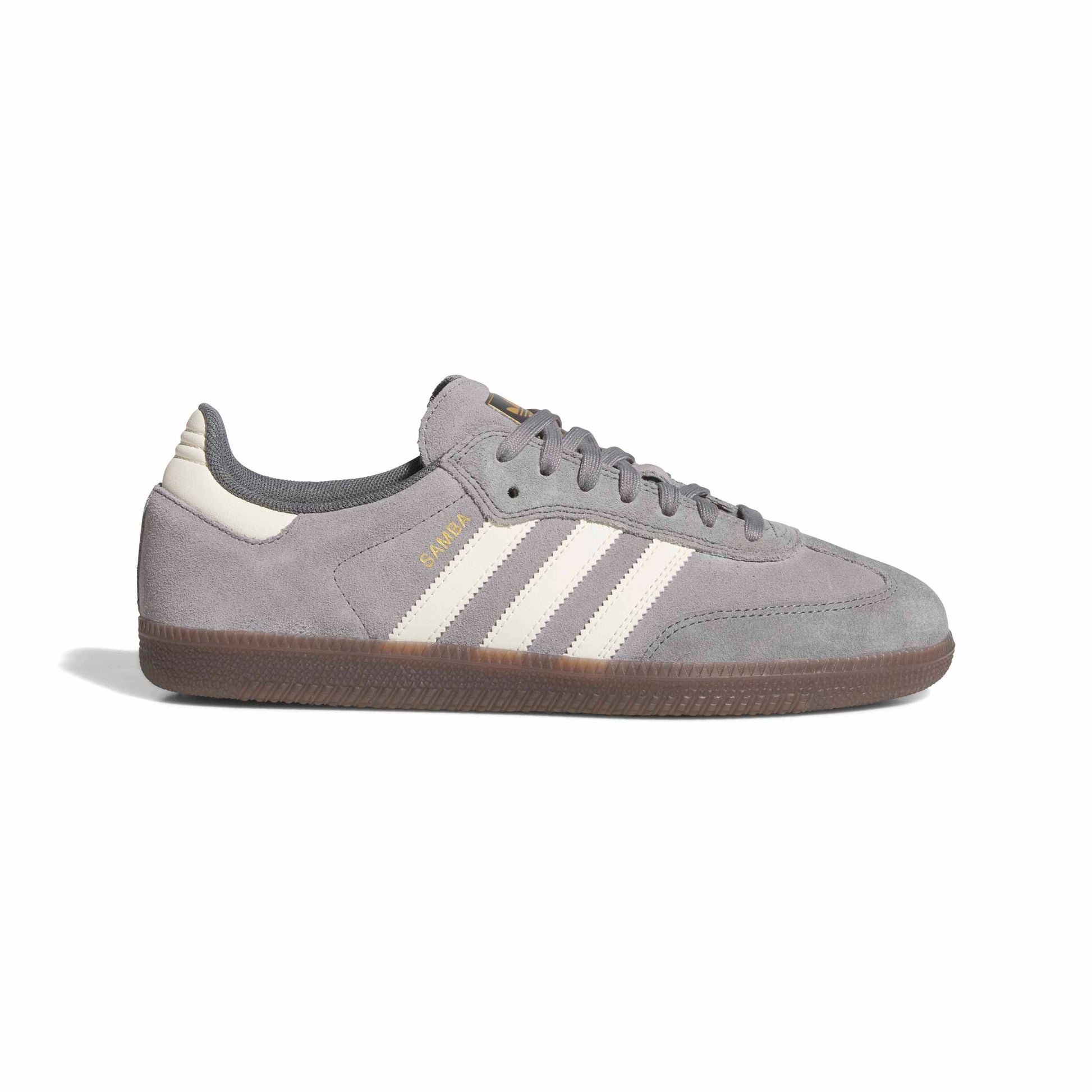 Gray Adidas sneaker with white stripes on a white background