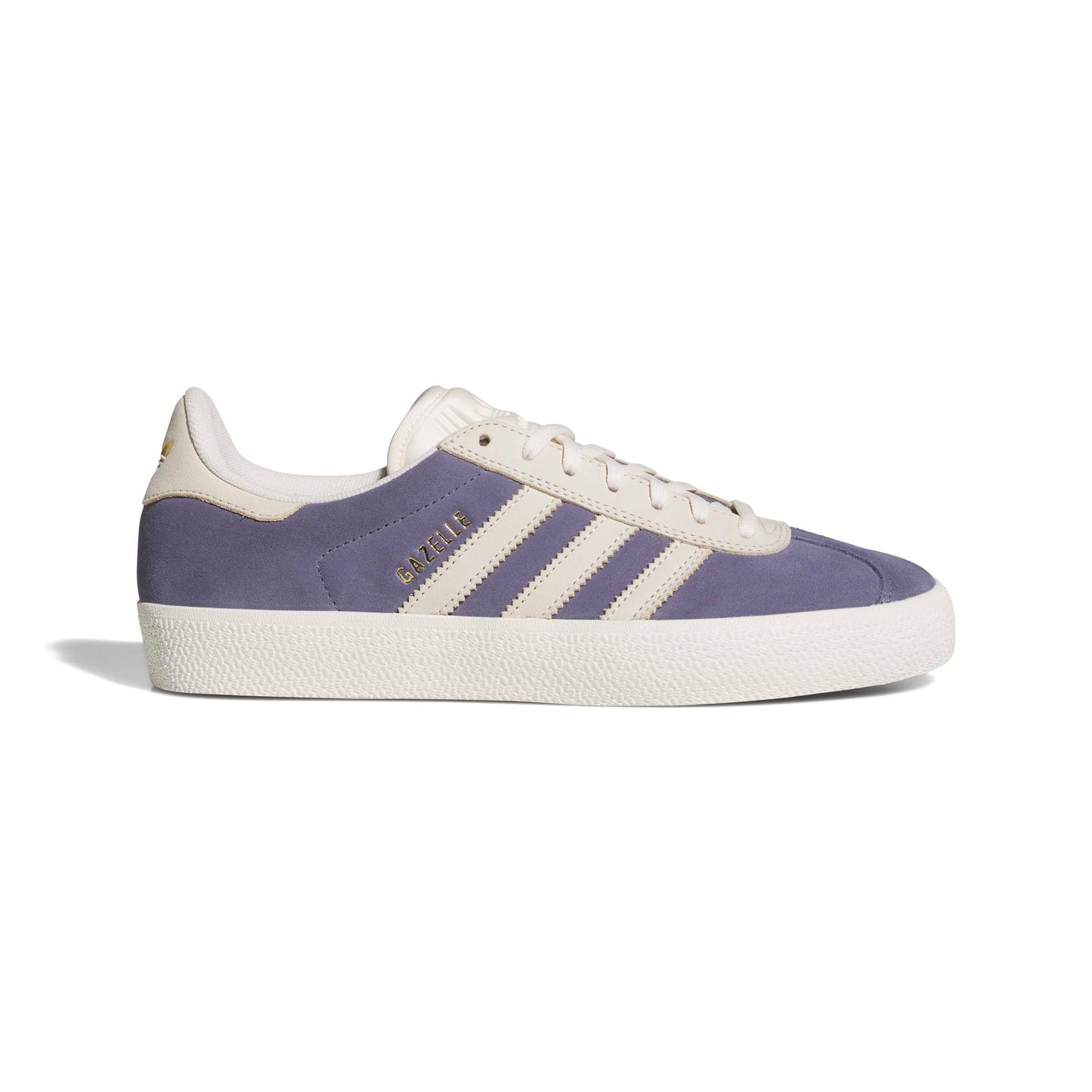 Purple Adidas sneaker with white stripes on a white background