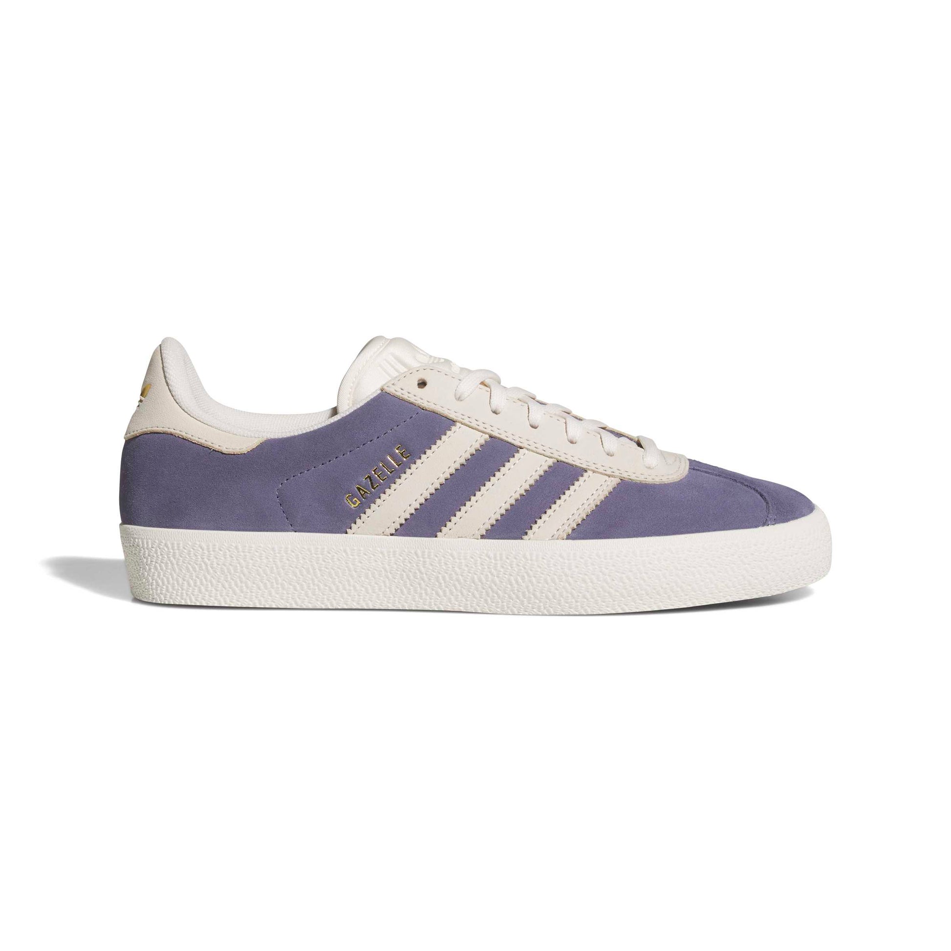 Purple Adidas sneaker with white stripes on a white background