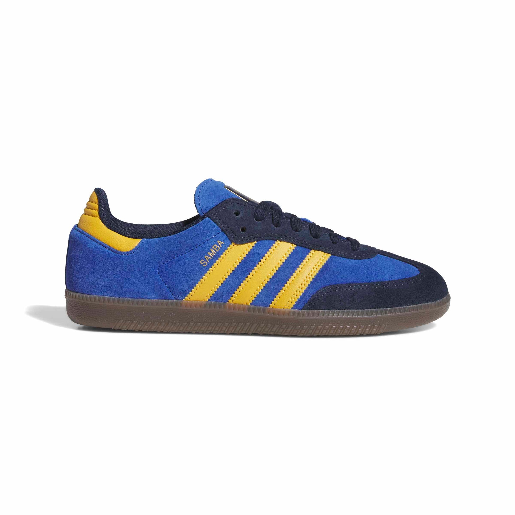Blue and yellow Adidas sneaker on a white background