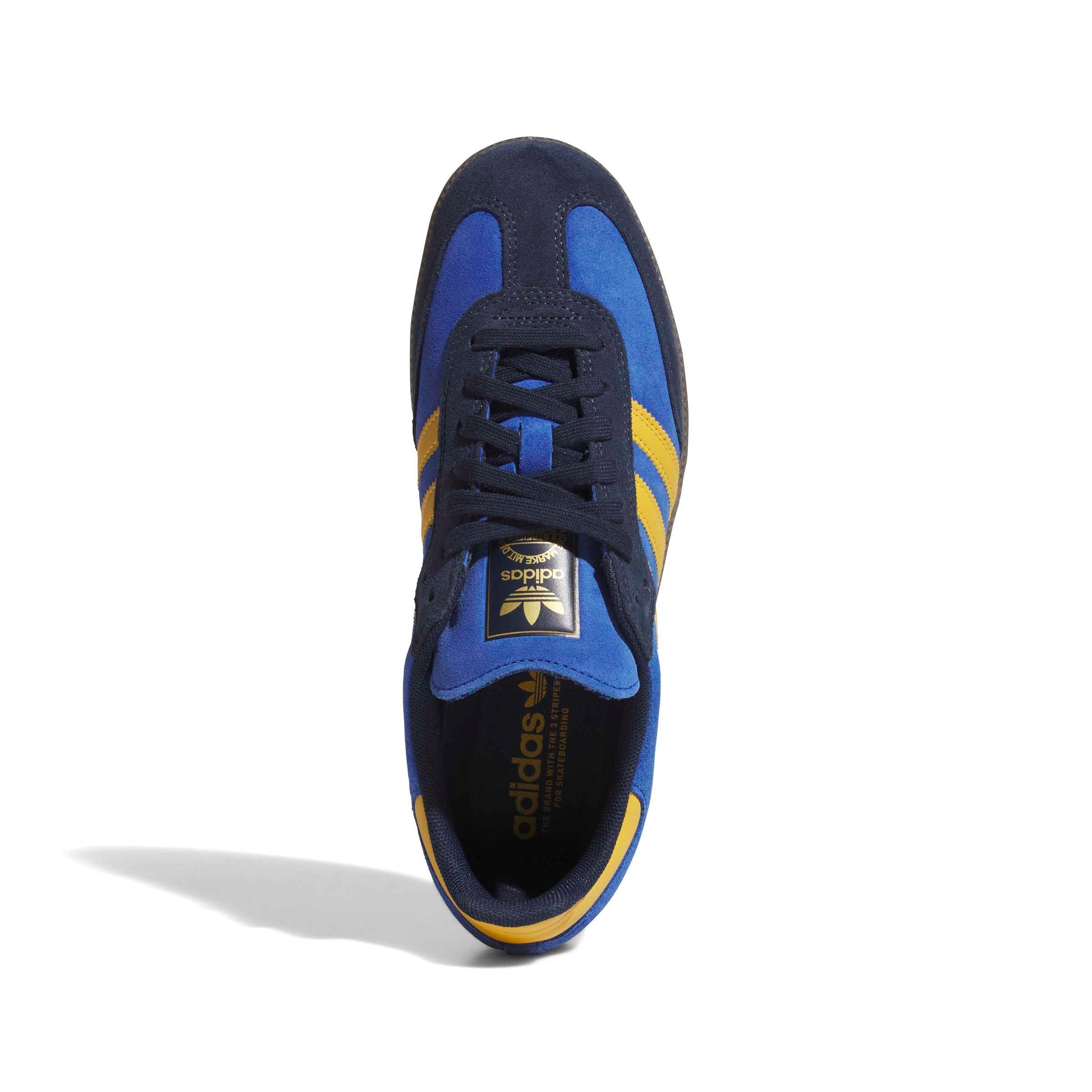 Blue and yellow Adidas sneaker on a white background