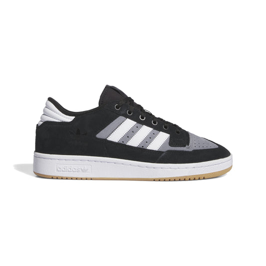 Side view of black, grey and white lowtop skateboard sneaker with white and gum sole