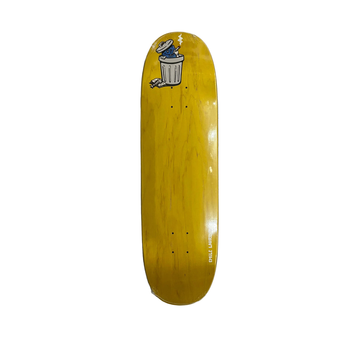 A yellow skateboard deck with a trash can graphic near the nose, displayed flat on a white surface.