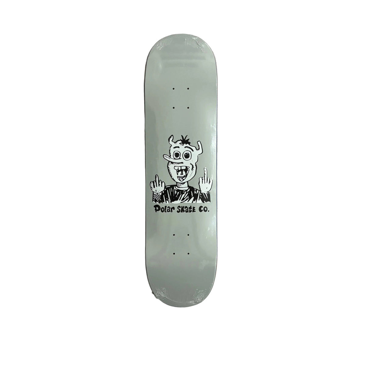 A mint green skateboard deck with a black graphic of a cartoon monster and the text 'Polar Skate Co.' printed on the underside, displayed flat on a white surface.