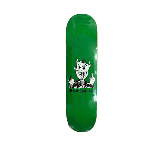 A green skateboard deck with a cartoon graphic and the text 'Polar Skate Co' in the center, photographed flat on a white surface.
