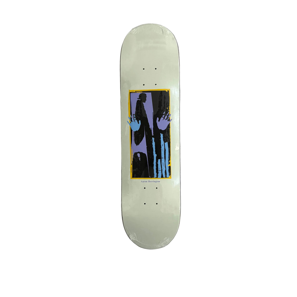 A skateboard deck with a white base and a graphic print with hands in black, purple, and blue with a yellow border, displayed vertically on a white surface.