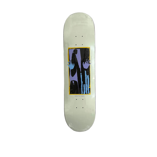 A skateboard deck with a white base and a graphic print with hands in black, purple, and blue with a yellow border, displayed vertically on a white surface.