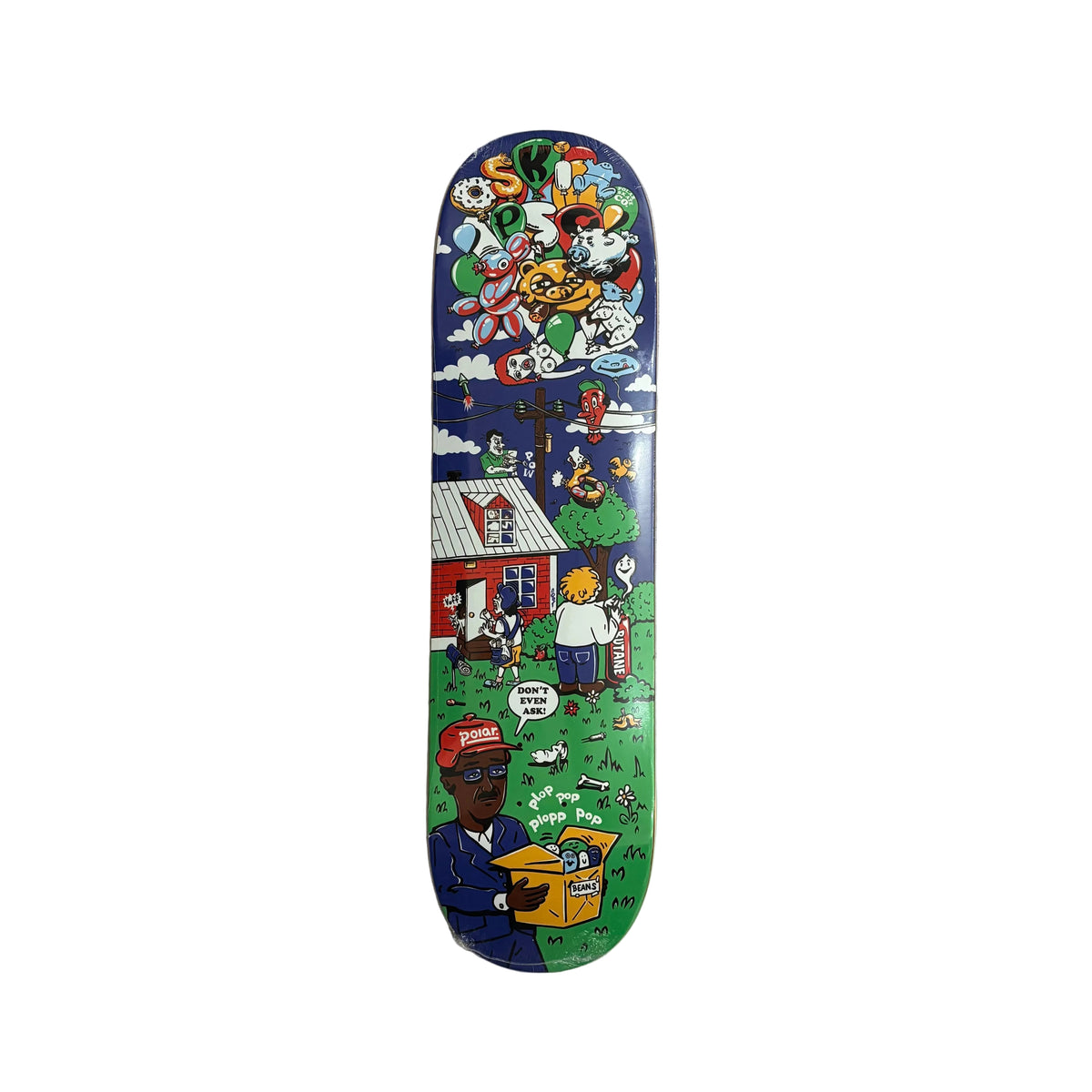 A skateboard deck with a highly detailed, colorful cartoon illustration, photographed flat on a white surface.
