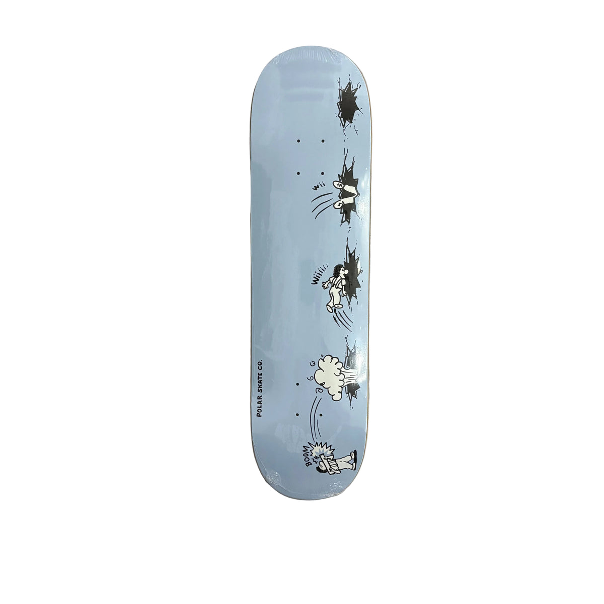 A light blue skateboard deck with a black and white cartoon splash graphic, shown flat on a white surface.