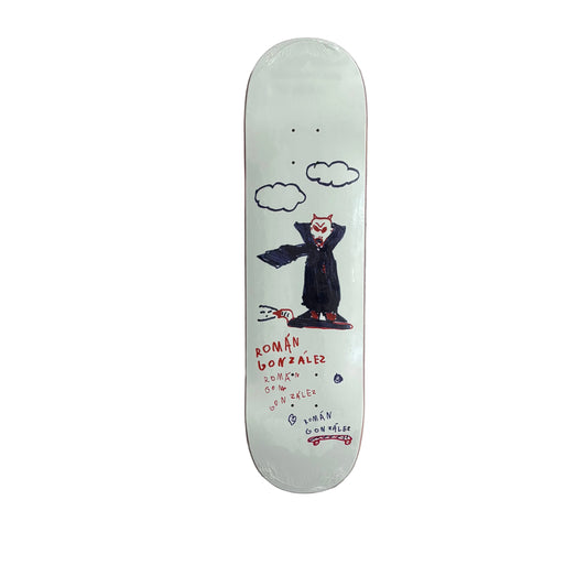 A white skateboard deck with a hand-drawn illustration of a vampire in a black robe and red shoes, accompanied by clouds and handwritten text, displayed on a white background.