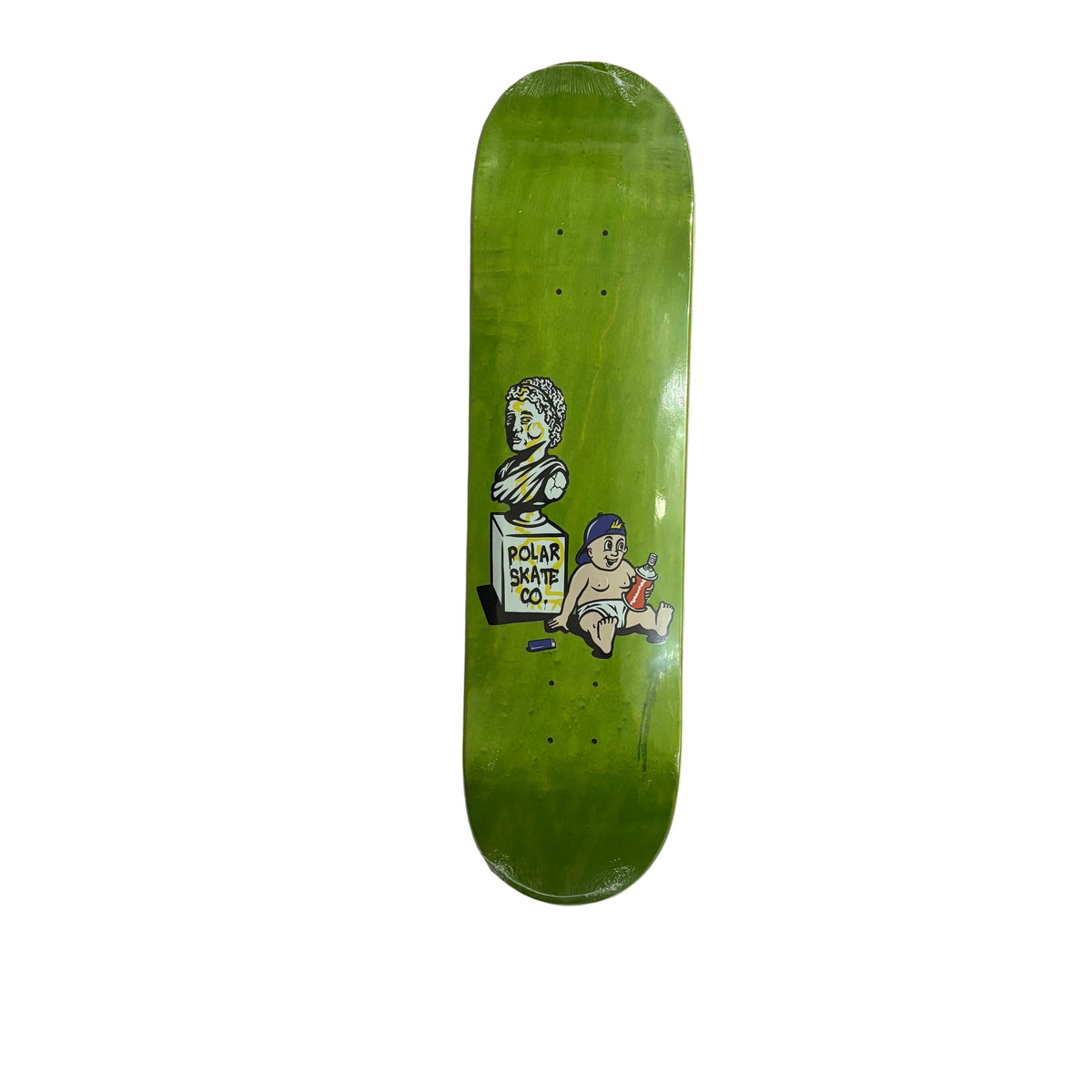 A green skateboard deck with a cartoon illustration of a bust and a seated figure, photographed flat on a white surface.