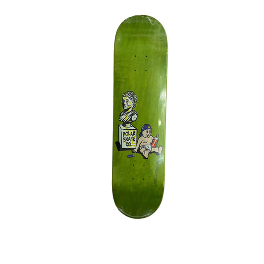 A green skateboard deck with a cartoon illustration of a bust and a seated figure, photographed flat on a white surface.