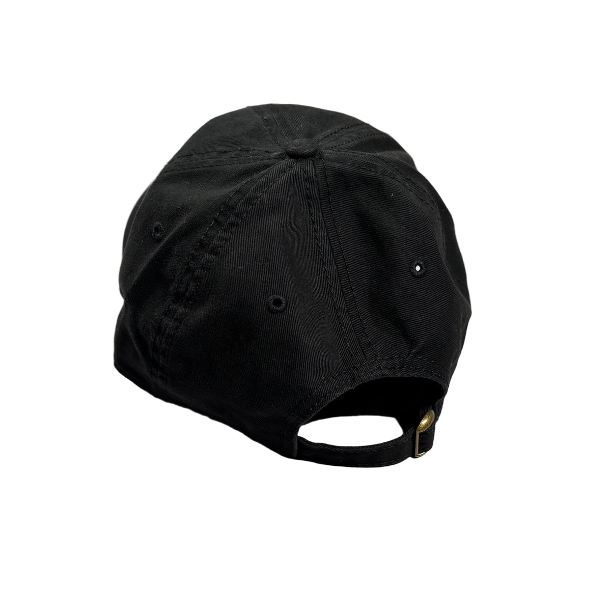 A black baseball cap viewed from the back, resting on a white surface