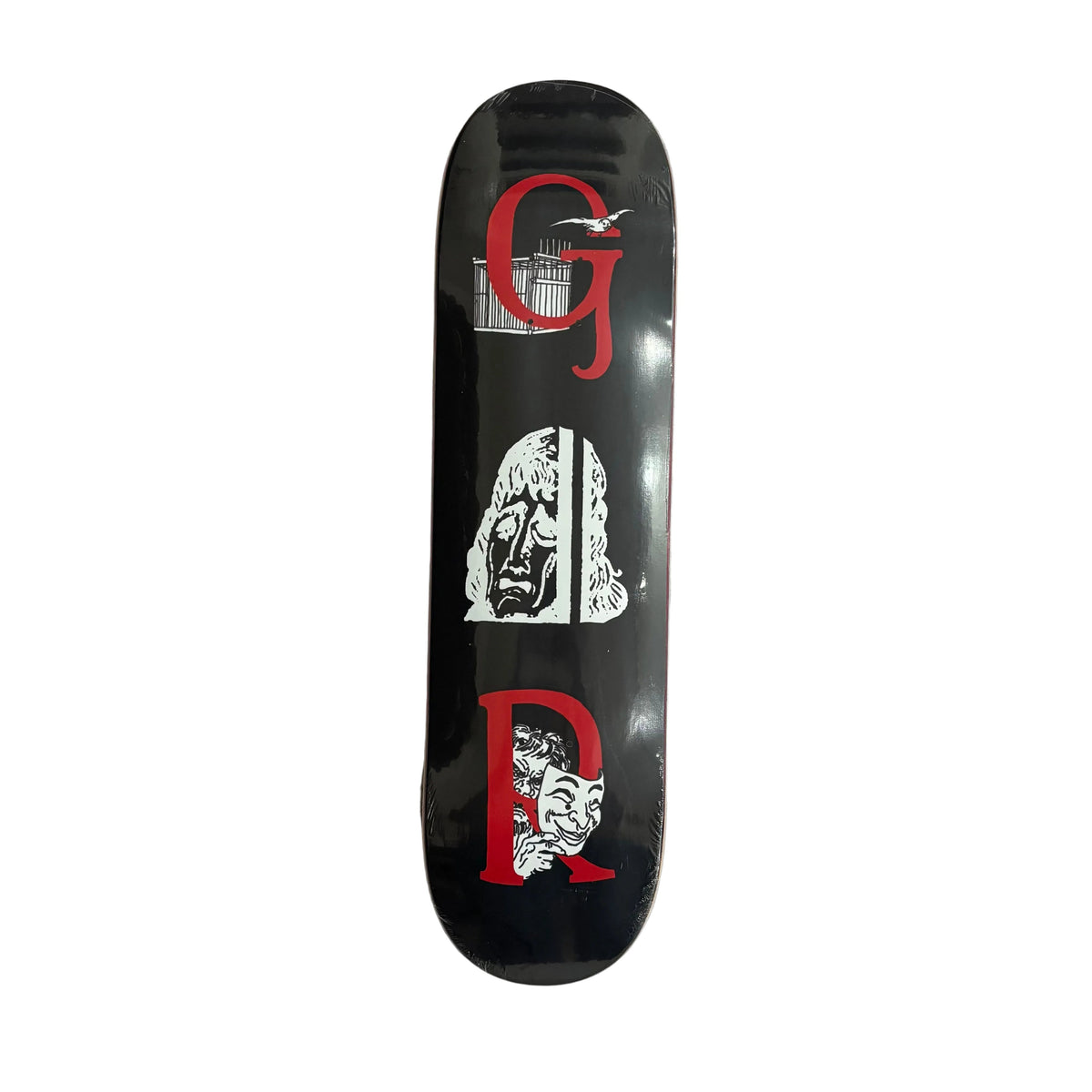 A black skateboard deck with a glossy finish, featuring a vertical graphic design spelling 'G.R. on a white background
