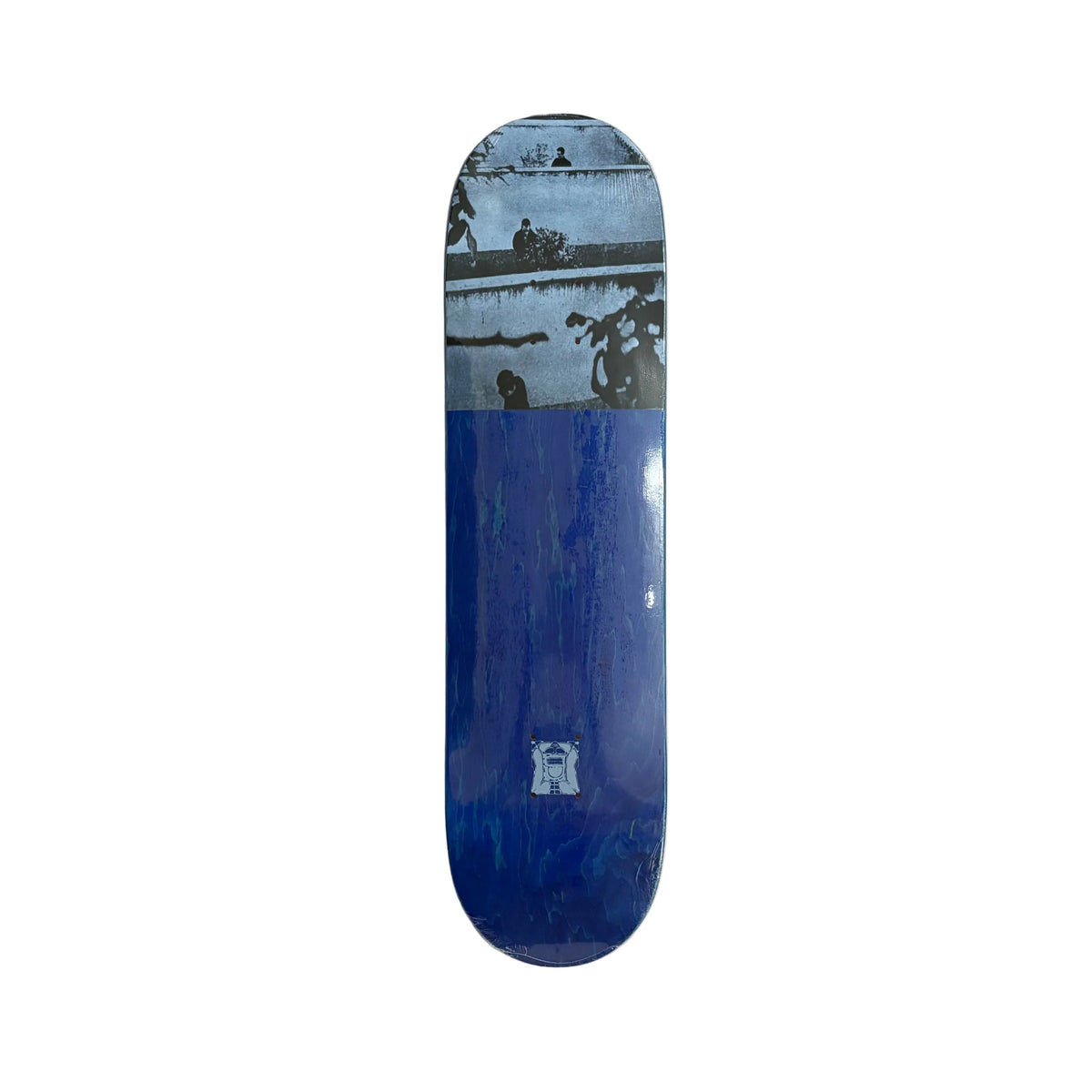 A skateboard deck with a blue and white graphic print, displayed vertically on a white surface