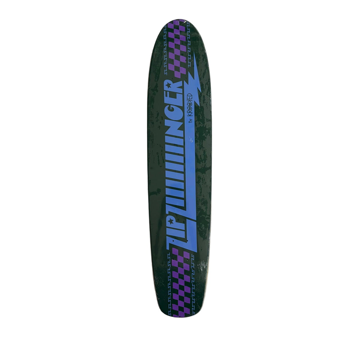 A dark green skateboard deck with a blue and purple graphic design, featuring the text 'ZIP ZIIIIIIIIINGER placed on a white surface