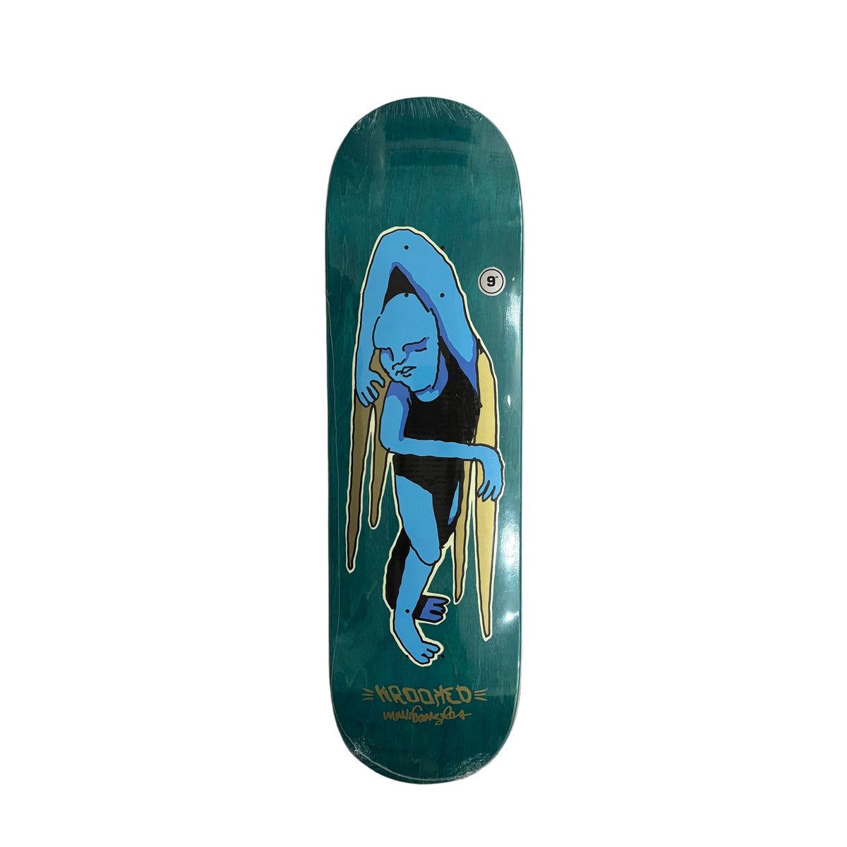 A skateboard deck with a teal and blue graphic of a winged figure, photographed flat on a white background