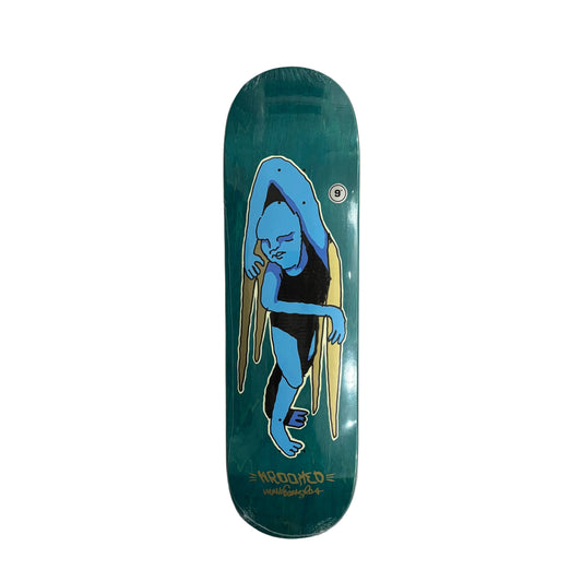 A skateboard deck with a teal and blue graphic of a winged figure, photographed flat on a white background