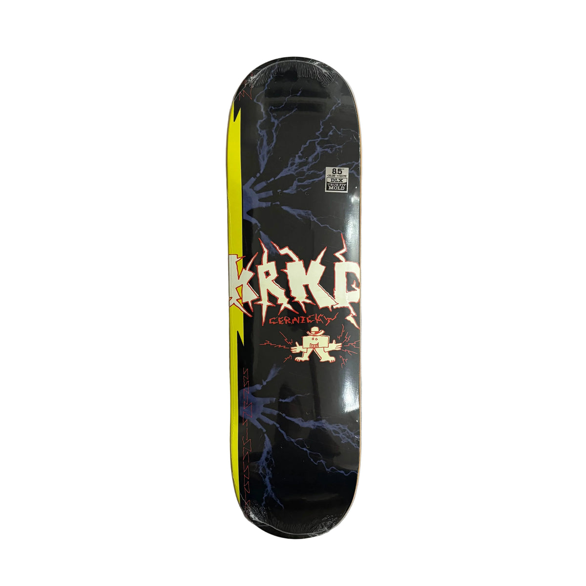 A skateboard deck with a black background, blue lightning graphics, a bright yellow side stripe, and a stylized white and red 'KRkD' logo, photographed from above on a white background