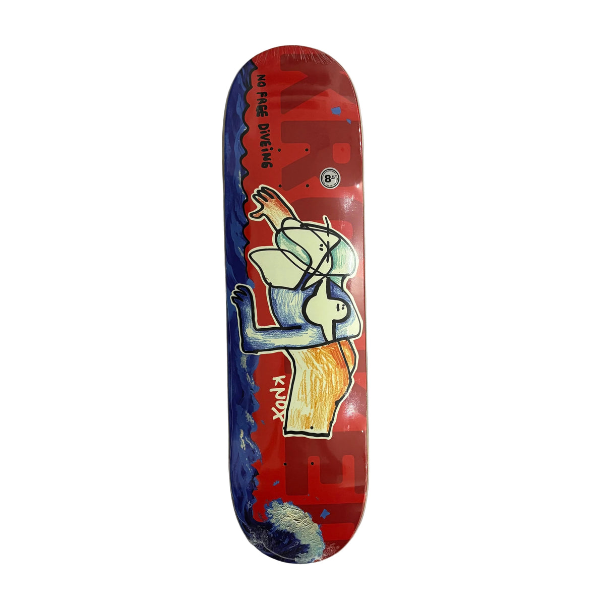 A skateboard deck with a red and blue graphic design featuring a cartoon figure, photographed flat against a white background
