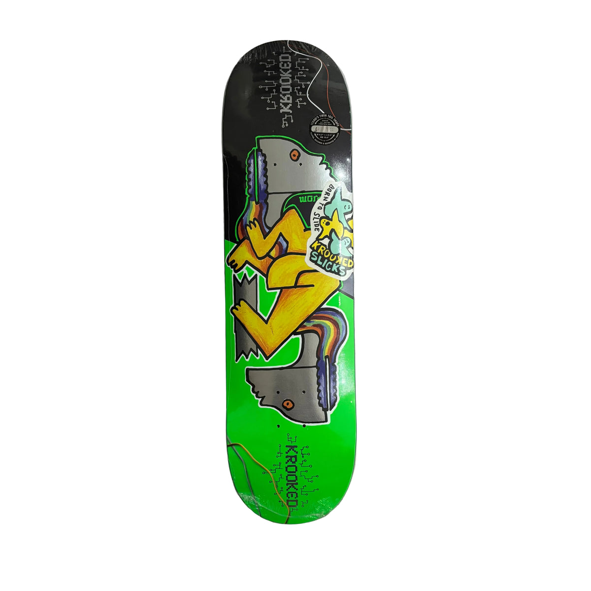 A skateboard deck with a vibrant green and black graphic design featuring a stylized yellow and orange 'Z' logo and a gray wolf graphic, photographed flat on a gray textured surface.
