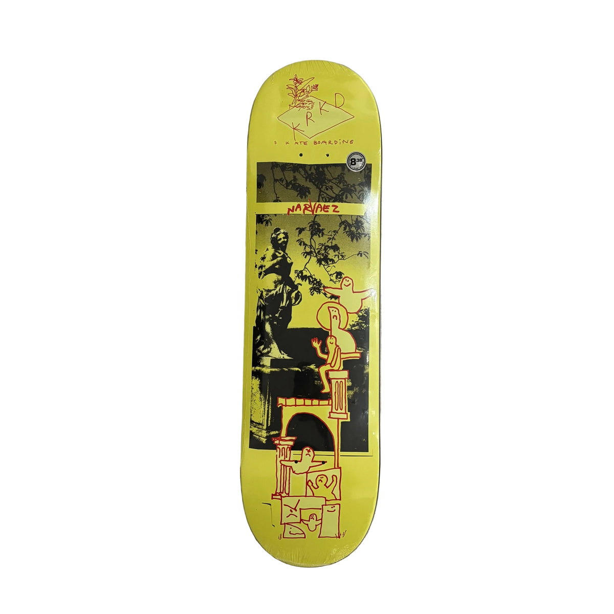 A collage style skateboard deck with a bright yellow background and a black graphic illustration, photographed from above on a white background