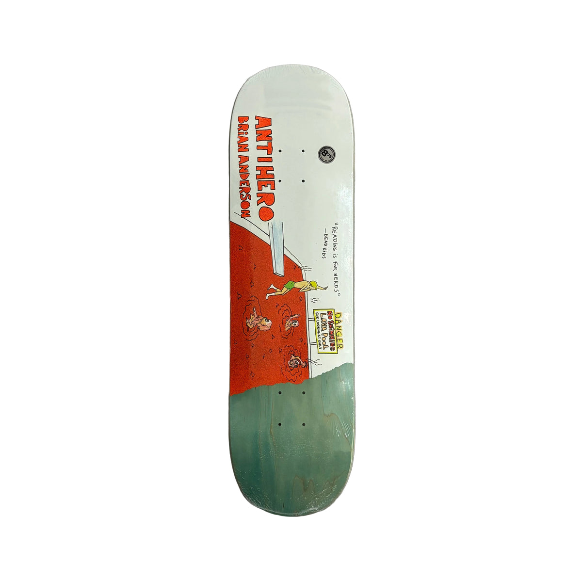 A skateboard deck with a white top featuring a red and green graphic design, photographed flat on a white sheet of paper.