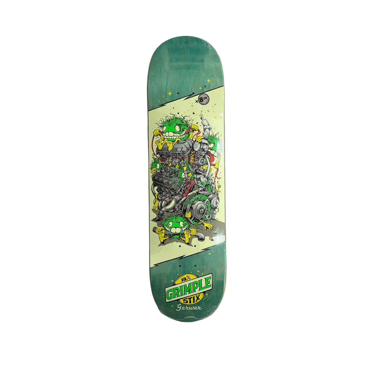 A Grimple Srix skateboard deck with a green and cream graphic design featuring cartoon characters, displayed vertically on a white background.