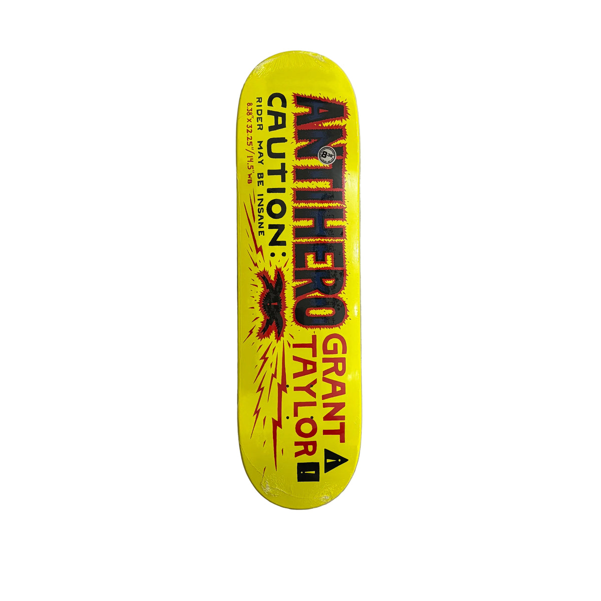 A bright yellow skateboard deck with bold black and red text reading 'ANTIHERO GRANT TAYLOR' and 'CAUTION'. Displayed on a white surface.