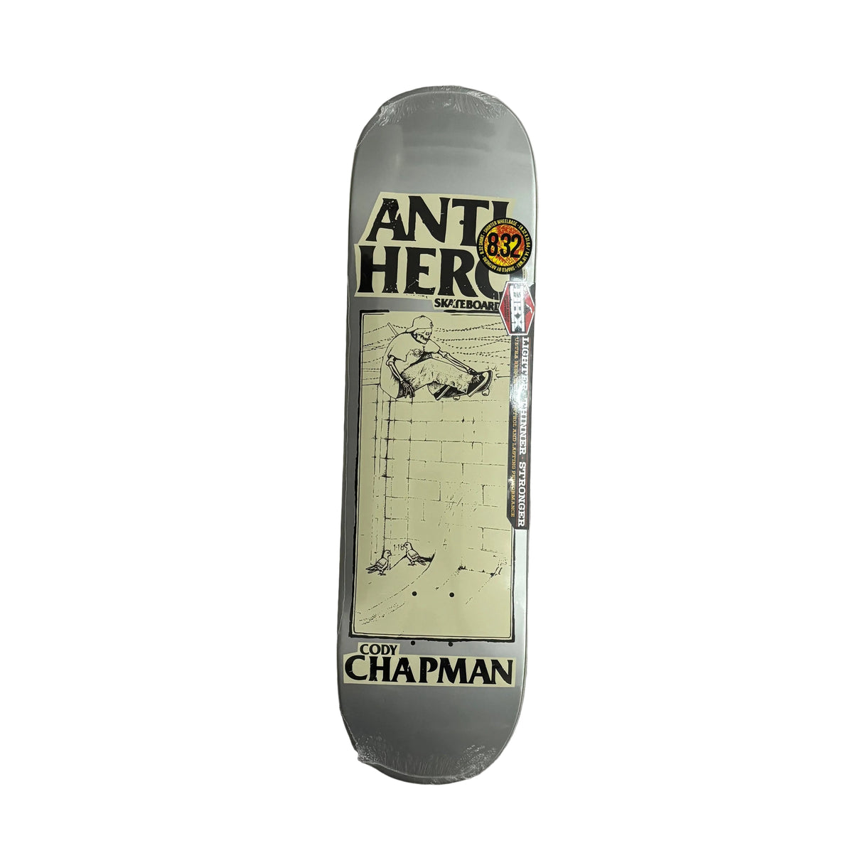 A metallic silver Anti hero Skateboards 'Cody Chapman' deck, displayed flat on a white surface.