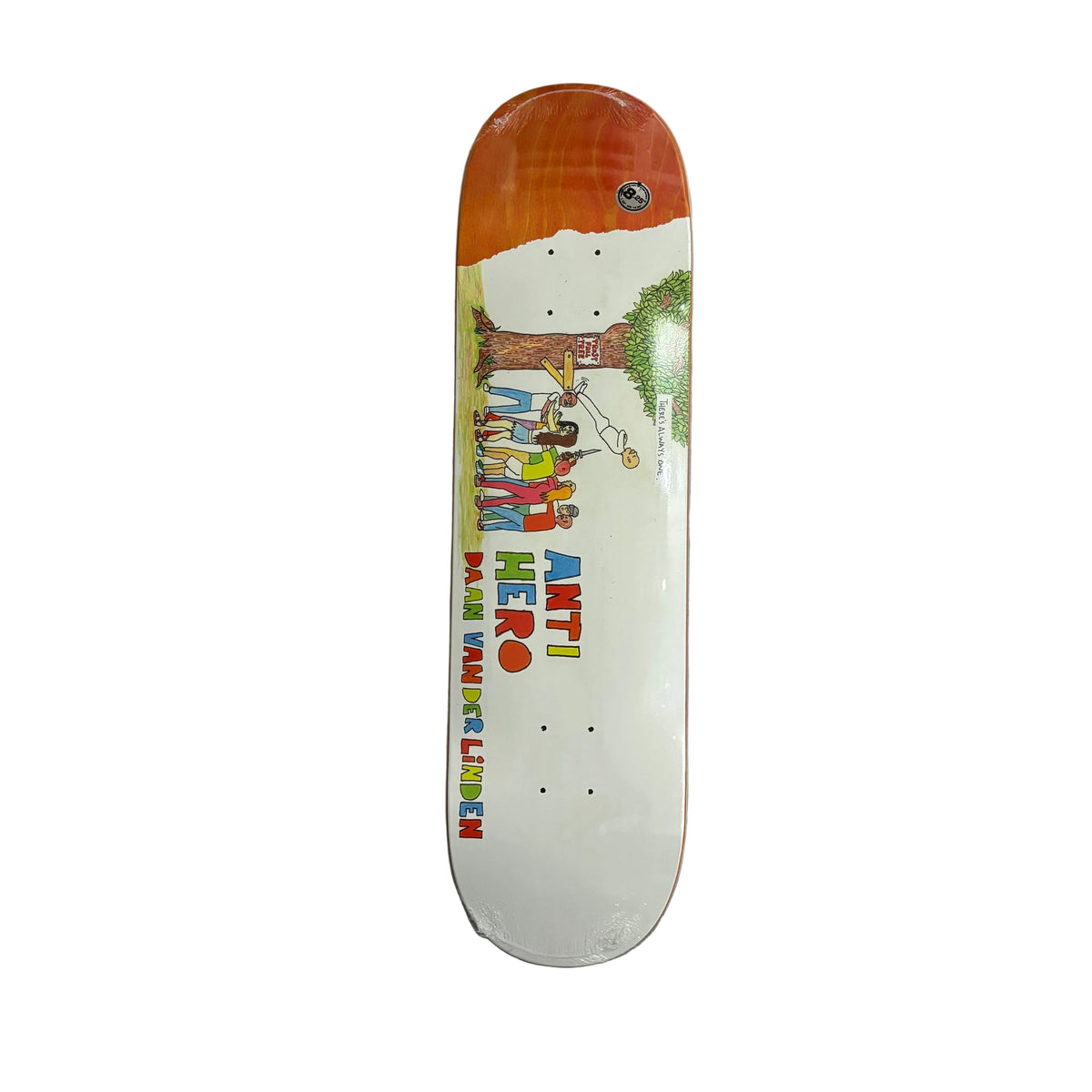 A skateboard deck featuring a white background with a colorful cartoon illustration of children playing under a tree, alongside the text 'ANT! HERO'. The deck has a bright orange-to-yellow gradient top edge and is photographed from above on a white surface.
