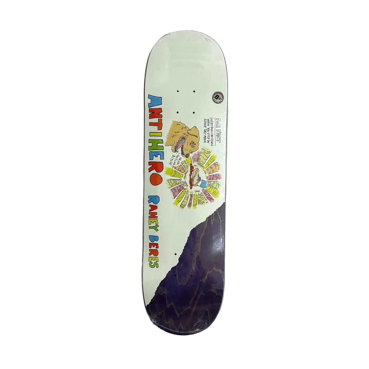 A custom skateboard deck featuring a white background with a colorful 'ANTIHIERO' graphic, a circular character illustration, and a dark purple wood-grain section at the bottom, displayed on a white background