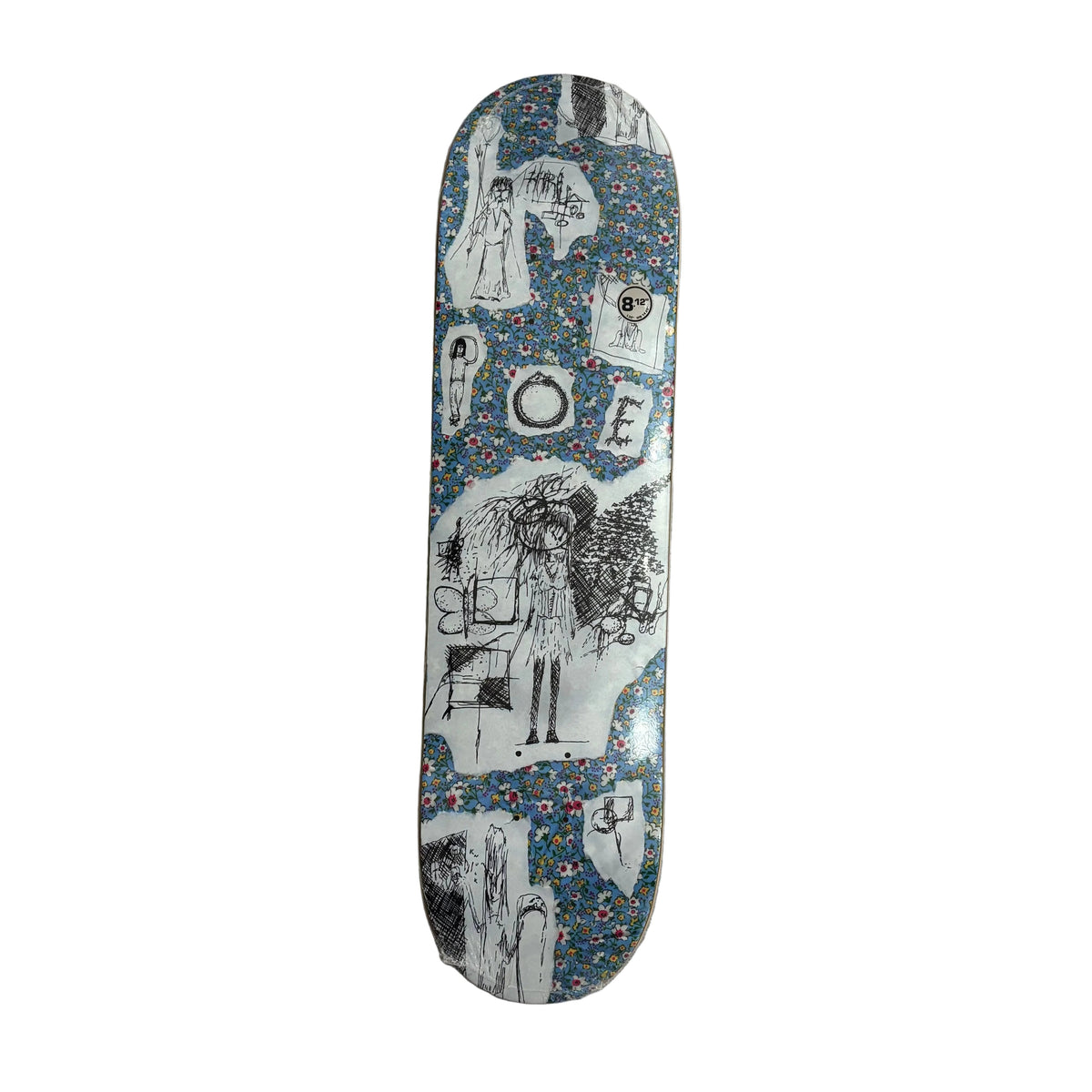 A skateboard deck with a blue floral background and a blue glittery border, decorated with hand-drawn black sketches of figures, trees, and abstract symbols. The deck is photographed flat on a white surface.