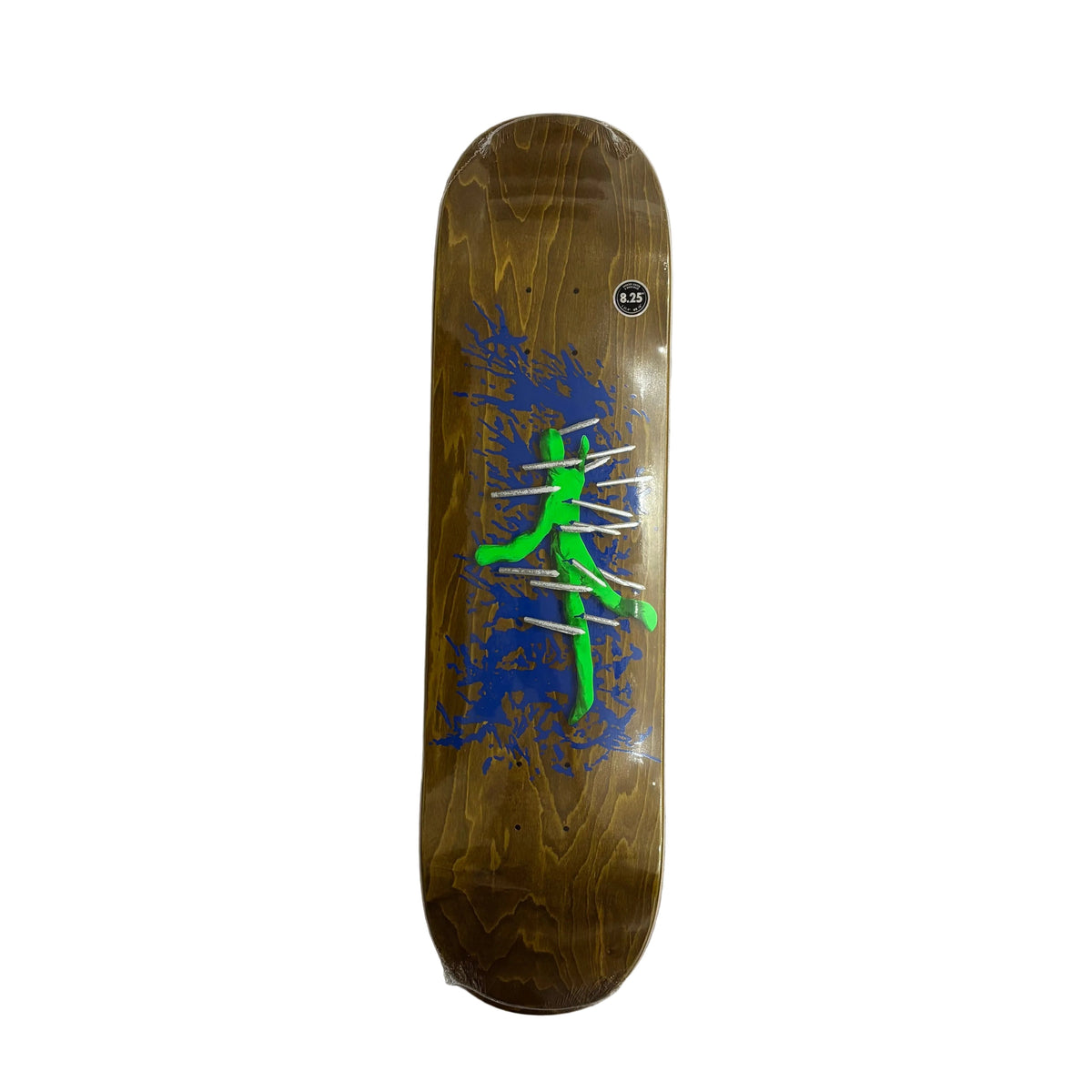 A wooden skateboard deck with a glossy brown wood-grain finish, featuring a graphic design of a green stick figure over a blue paint splatter, photographed flat on a white surface.